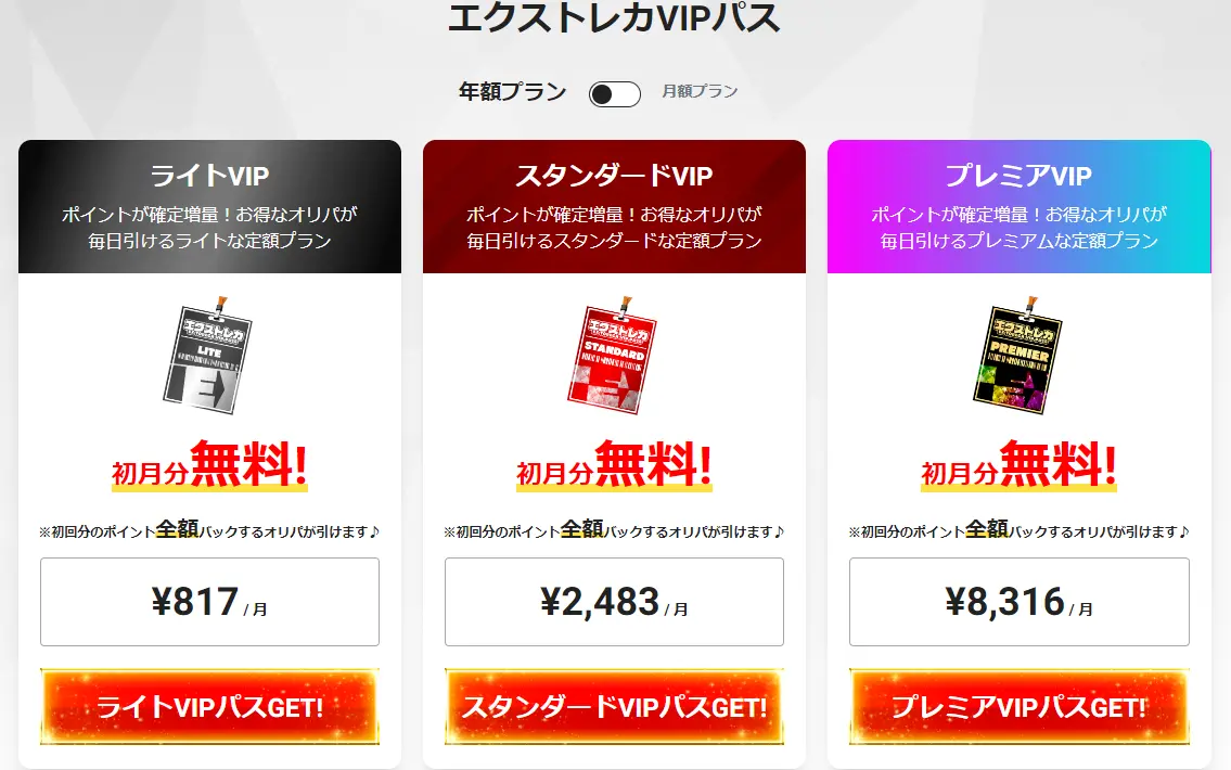 エクストレカVIPパスの料金表。ライト817円、スタンダード2483円、プレミア8316円の月額表記